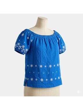 Chico's Blue Off The Shoulder Top Sz 1 M Floral Embroidered Boho 100% Cotton